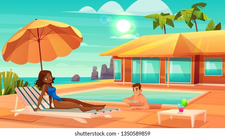 Leisure on tropical resort cartoon vector. Caucasian man swimming in pool, flirting with african-american woman lying on lounge chair under umbrella on beach illustration. Vacation romance concept