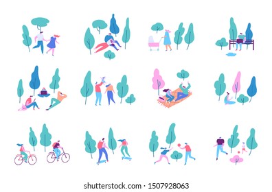 Leisure outdoor activities - riding bicycles, playing ball, reading, skating, sitting on bench with laptop, eating on picnic, walking. Various people at spring or summer park. Flat Vector background