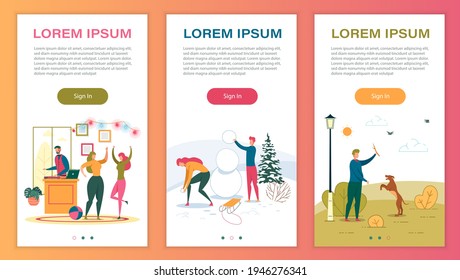 Leisure and Pastime Mobile Web Pages Templates. Winter and Summer Outdoor Recreation Onboarding Screen Vector Layout. Cartoon Characters Building Snowman, Walking with Dog Illustration