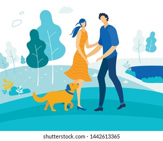 Ocio con mascota, pareja feliz jugando con perro en un hermoso parque con estanque, personajes pasan tiempo con animales domésticos, amor, relación humana y animal, caricatura en temporada de verano e ilustración de vectores planos