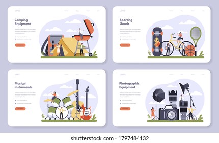 Leisure product production web banner or landing page set. Art and entertainment concept. Camping and photographic equipment, sport goods and musical instruments. Isolated flat vector illustration