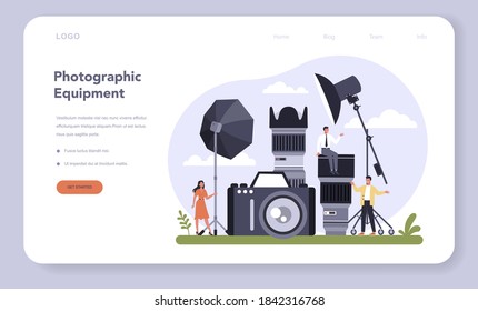 Leisure product production web banner or landing page. Art and entertainment concept. Photographic equipment. Studio instrument. Isolated flat vector illustration