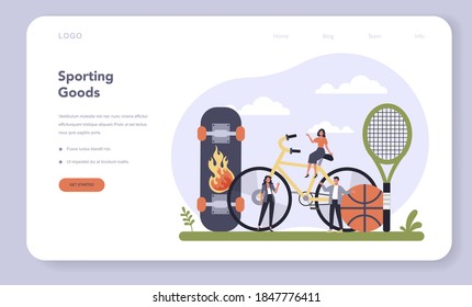 Leisure product production web banner or landing page set. Entertainment concept. Sport goods indystry. Fitness exercise and healthy lifestyle. Isolated flat vector illustration