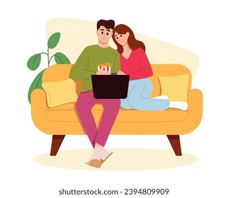 Leisure and Recreation for Couple Concept. Married Couple Watching a Movie Stting on Couch. Husband and Wife Spending Time Together. Vector Flat Illustration.