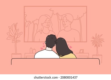 Leisure and recreation for couple concept. Young loving couple sitting backwards and watching romantic movie together at home vector illustration 