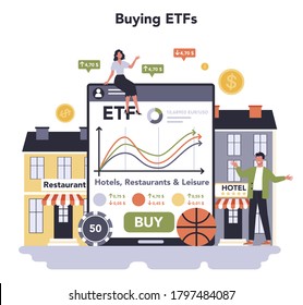 Leisure service online service. Entertainment industry. Casino, resort, sport, restaurant Buying ETFs Vector illustration