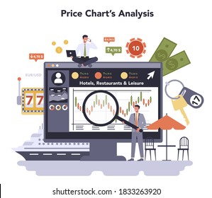 Leisure service online service. Entertainment industry. Casino, resort, sport, restaurant. Price chart analysis Vector illustration