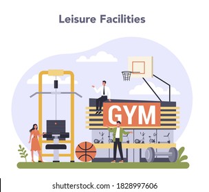 Leisure Service Sector Of The Economy. Entertainment Industry. Sport Facilities And Gym Business. Sport And Healthy Lifestyle. Isolated Flat Vector Illustration