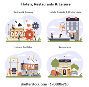 Leisure service sector of the economy set. Entertainment industry. Casino and gaming business, hotel, resort and cruise lines, sport facilities, restaurant industry. Isolated flat vector illustration