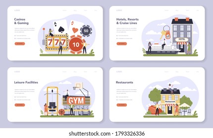 Leisure service sector of the economy web banner or landing page set. Entertainment industry. Casino, resort and cruise lines, sport facilities, restaurant industry. Isolated flat vector illustration