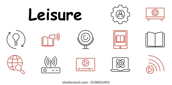 Freizeit-Symbol. Ausrüstung auf Monitor, Lautsprecher mit Buch, Globe mit Lupe, Video-Player, E-Book, Atom auf Laptop, Router, offenes Buch, Glühbirne, Copyright-Zeichen, Einstellungen Ausrüstung