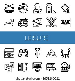 leisure simple icons set. Contains such icons as Canoe, Inflatable, Bikes, Camper, Gardener, Dice, Slide, Hockey stick, Kite, Rope park, Thermo bag, can be used for web, mobile and logo