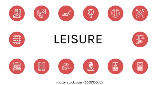leisure simple icons set. Contains such icons as Baseball, Playing cards, Lawn mower, Hot air balloon, Beach ball, Kayak, Slot machine, Marshmallow, can be used for web, mobile and logo