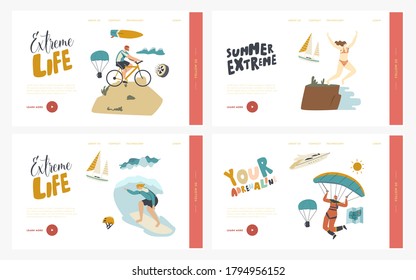 Leisure Sport Xtreme Recreation Landing Page Template Set. Characters Summer Extreme Sport Activity Surfing, Paragliding, Biking, Jumping from Edge, Sports People Relax. Linear Vector Illustration
