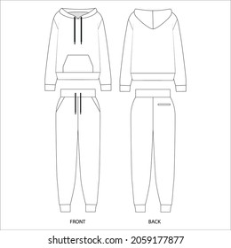 Leisure Suit Drawing On White Background. Set Of Drawings Of Clothes Hoodies And Joggers. Hoodie Template Design. Sport Pants Template Design. Fashionable Unisex Design Vector Sketch. 