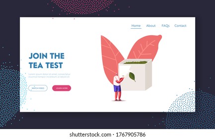 Leisure, Tea Ceremony Landing Page Template. Man Enjoying Cup of Tea Stand at Ceramics Box with Dry Brew. Male Character Relaxing with Mug in Hands Drinking Hot Beverage. Cartoon Vector Illustration