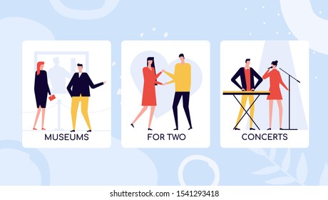 Leisure time activities vector colorful banner template. Couple visiting museums and art galleries. Young people enjoy romantic evening for two. Music festival, concert, live performance entertainment