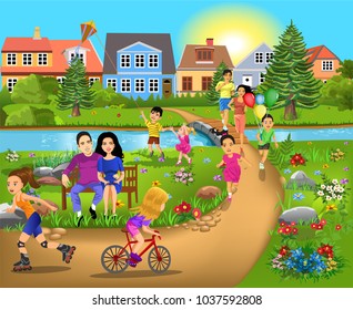 Leisure time activities, walking through the park, running and having fun