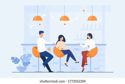 Leisure time in bar concept. Happy people sitting at counter, drinking wine and beer in pub, talking and laughing. Vector illustration for alcohol, celebration, meeting with friends topics