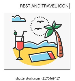 Leisure time color icon. Vacation on the beach. Cocktails and sunny day near the sea or ocean. Journey. Rest and travel concept. Isolated vector illustration