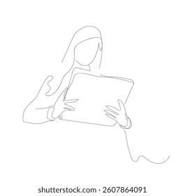 Leisure time concept. Continuous one line drawing of woman to read newspaper, screening out fake news concept, single line art. 
 Hand made vector not Al