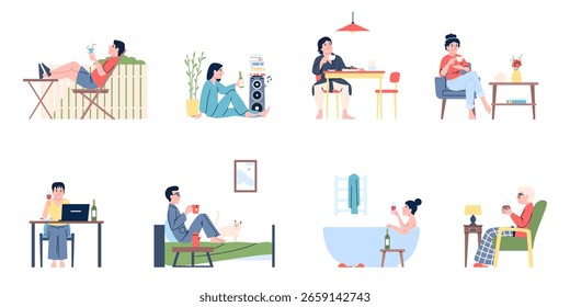 Tiempo libre con bebidas. Personas mayores y jóvenes bebiendo en casa y fuera, en el jardín, en la cama o en la bañera. Día, descanso y relajación nocturna, escenas recientes de Vector