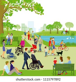 Leisure time of families in the park, illustration
