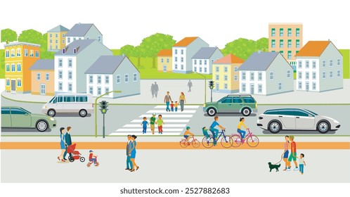 Leisure time with family in suburb and road traffic illustration