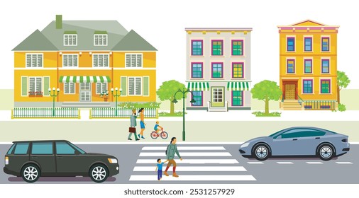 Leisure time with family in suburb and road traffic illustration