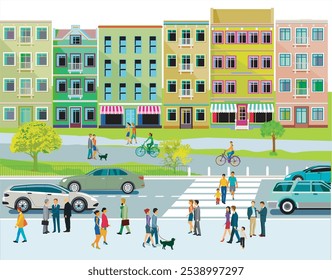 Leisure time with family in suburb and road traffic illustration