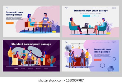 Leisure time with friends set. Young people meeting, drinking in cafe, bar. Flat vector illustrations. Friendship, communication, relaxing concept for banner, website design or landing web page