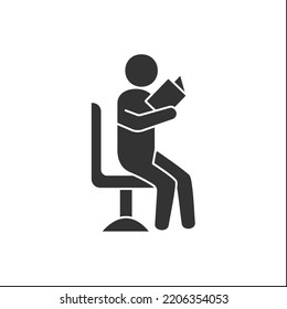 Leisure time glyph icon. Person sitting on a chair and reading a book. Process of acquiring knowledge. Reading concept.Filled flat sign. Isolated silhouette vector illustration