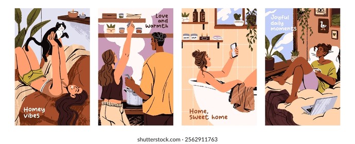 Leisure time at home card designs set. People relax in cozy house on weekends. Couple enjoys cooking, women bathing, repose in bed, have a rest indoor. Calm evenings, chill. Flat vector illustrations