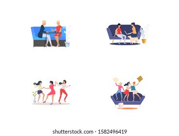 Leisure time at home set. Female friends enjoying leisure tome together. Flat vector illustrations. Friendship, communication concept for banner, website design or landing web page