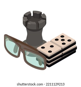 Leisure time icon isometric vector. Chess rook gaming figure, domino, eye glasses. Board game, hobby, entertainment