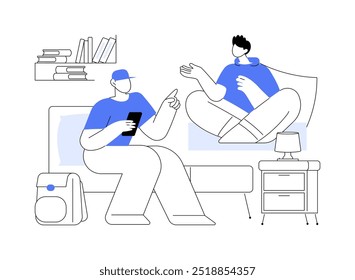 Ilustrações isoladas de vetor de desenhos animados em horário de lazer. Estudantes passando tempo juntos no dormitório, hall de residência, vida diária de amigos universitários, campus universitário desenho animado vetorial.