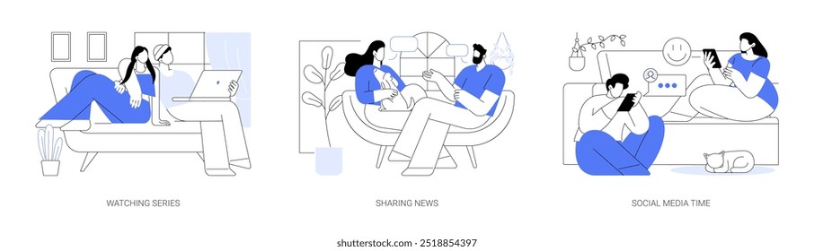 Leisure time isolated cartoon vector illustrations set. Couple watching TV series with laptop, family members sharing news, having conversation, social media time, using gadgets vector cartoon.