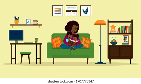 Tiempo de descanso con los niños durante el bloqueo. Una madre lee un libro a sus hijos. Escena de una habitación en un interior moderno. Ilustración vectorial.