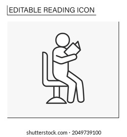 Leisure time line icon. Person sitting on a chair and reading a book. Process of acquiring knowledge. Reading concept. Isolated vector illustration. Editable stroke