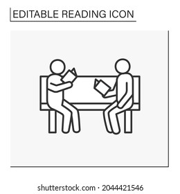 Leisure time line icon. Two man sitting on a bench and reading books. Fun time. Discussion, exchanging opinions. Reading concept. Isolated vector illustration. Editable stroke