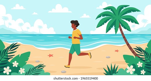 Leisure time on beach. Black man jogging. Summer time. Vector illustration