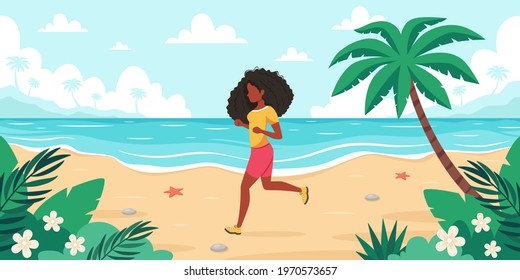 Leisure time on beach. Black woman jogging. Summer time. Vector illustration