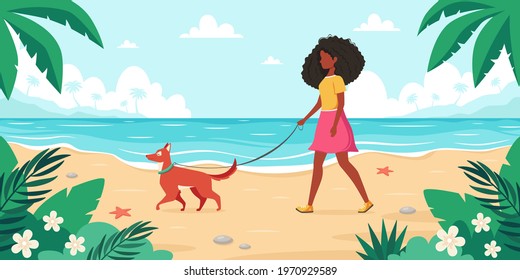 Leisure time on beach. Black woman walking with dog. Summer time. Vector illustration