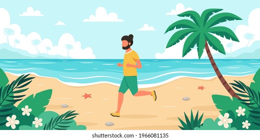 Leisure time on beach. Man jogging. Summer time. Vector illustration