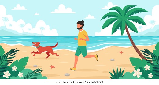 Leisure time on beach. Man jogging with dog. Summer time. Vector illustration