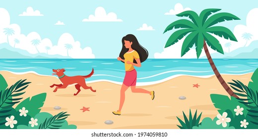 Leisure time on beach. Woman jogging with dog. Summer time. Vector illustration