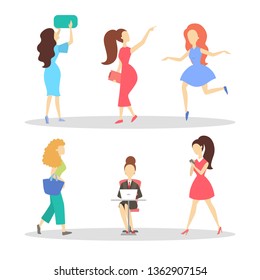 Leisure time. People doing different activities. Person dance, chatting in smartphone, shopping. Girl having fun. Character in various pose. Isolated flat vector illustration