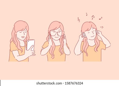 Leisure time, pleasant pastime, teens relax concept. Cute girl making selfie, using smartphone. Female teenager wearing eyeglasses. Dreamy kid enjoying music in headphones. Simple flat vector