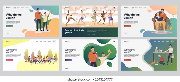 Leisure time set. Friends, family enjoying activities outdoors, at home. Flat vector illustrations. Sport, fun, vacation, togetherness concept for banner, website design or landing web page