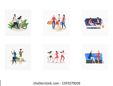 Leisure time together set. People meeting at home or bar, riding bike, doing shopping, walking outside. Flat vector illustrations. Communication concept for banner, website design or landing web page